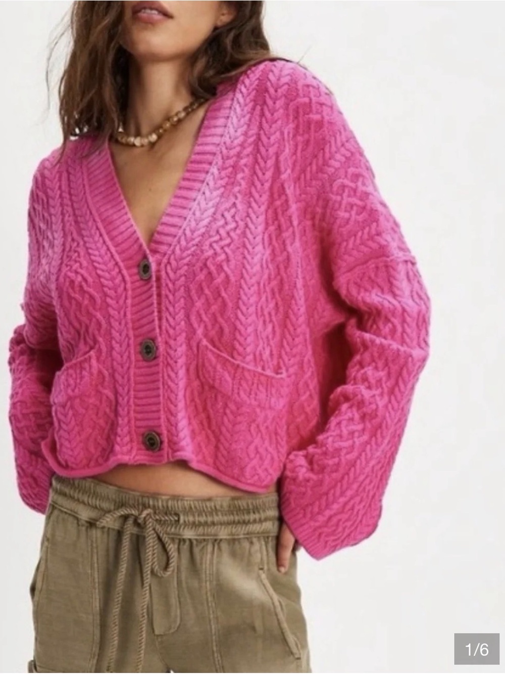 Free People Cable Knit Button-Front Cardigan SMALL